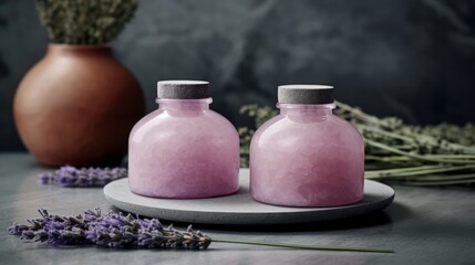 Obraz na płótnie Canvas Lavender Bath Salt and Massage Oil in a Tranquil Setting. AI generated