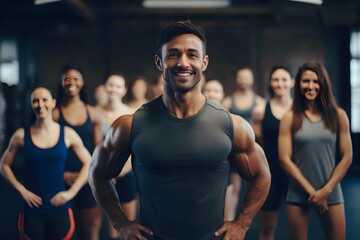 Smiling Fitness Instructor Leading Motivated Class