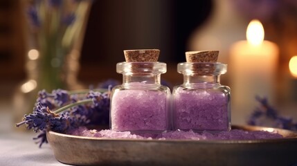 Obraz na płótnie Canvas Spa Setting with Aromatherapy Lavender Bath Salt and Massage Oil. AI generated