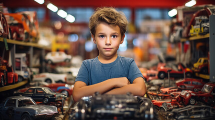 Young boy standing in a toy store and cool toys are behind in shelfs