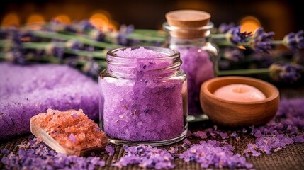 Fototapeta na wymiar Spa Setting with Aromatherapy Lavender Bath Salt and Massage Oil. AI generated