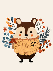 Naklejka premium Cute forest bear with wild berries and leaves. Woodland animals. Perfect for web, banner, card, poster. Vector illustration.