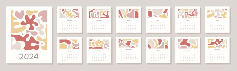 2024 calendar planner template. Monthly calendar with  abstract shapes and forms