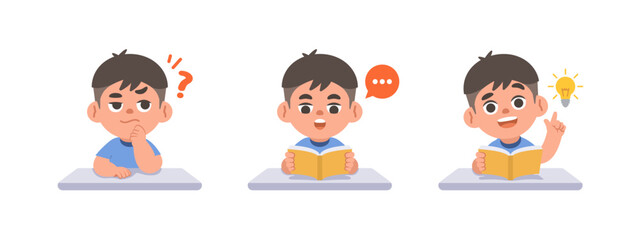 a Asian boy in doubt or have a question, reading the book, get an idea on the desk, study set. illustration cartoon character vector design on white background. kid and education concept.