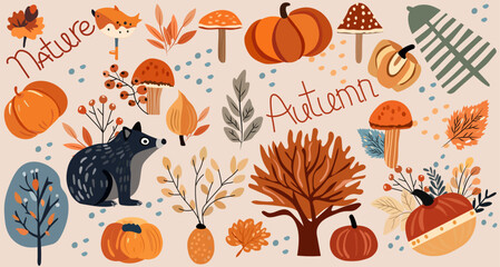 Seasonal autumn banner, with wildlife, veggies, trees, leafage and cute mole. Banners Ideal for web, harvest fest, banners, cards, Thanksgiving. Vector illustration.