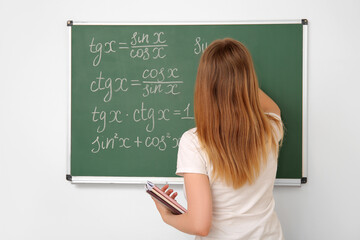 Female math teacher writing on blackboard in classroom, back view