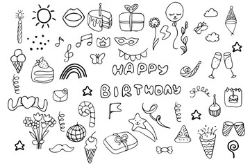 Happy birthday simple doodle decorative design set. Hand drawn vector illustration for greeting cards, posters, stickers etc