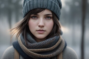 Portrait of beautiful attractive girl young frozen pretty woman standing walking in winter snowy park at cold snow frosty day in hat, scarf, grey sweater looking at camera
