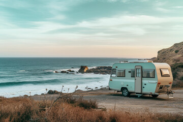 Vacation with Caravan car. Family travel RV, holiday trip in motorhome with beautiful nature landscape