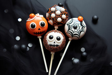 Halloween trick or treat candy lollipop sweets in the shape of spooky pumpkins