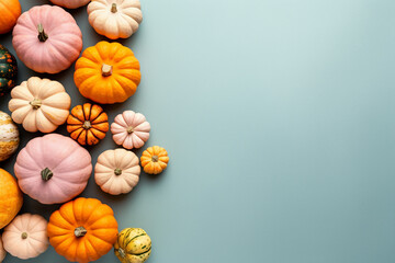 Small orange, white and pink pumpkins on pastel blue background - obrazy, fototapety, plakaty