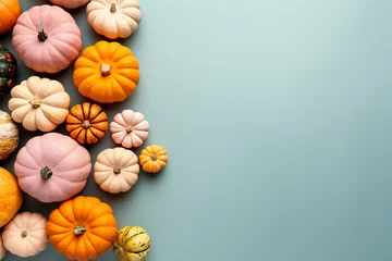 Foto op Canvas Small orange, white and pink pumpkins on pastel blue background © Firn