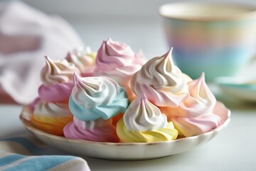 Obraz na płótnie Canvas Close up of delicious colorful pastel colored meringue cookies on a serving plate.