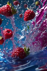 raspberries splash water. ai generated images.