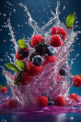 Fototapeta na wymiar a splash of water and berries on a blue background. ai generated images.