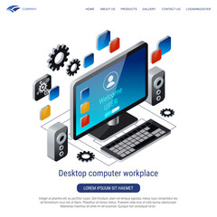 Desktop computer workplace 3d isometric vector concept illustration