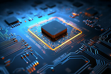 A blue circuit board with a bright light. Tech science background. Integrated communication processor