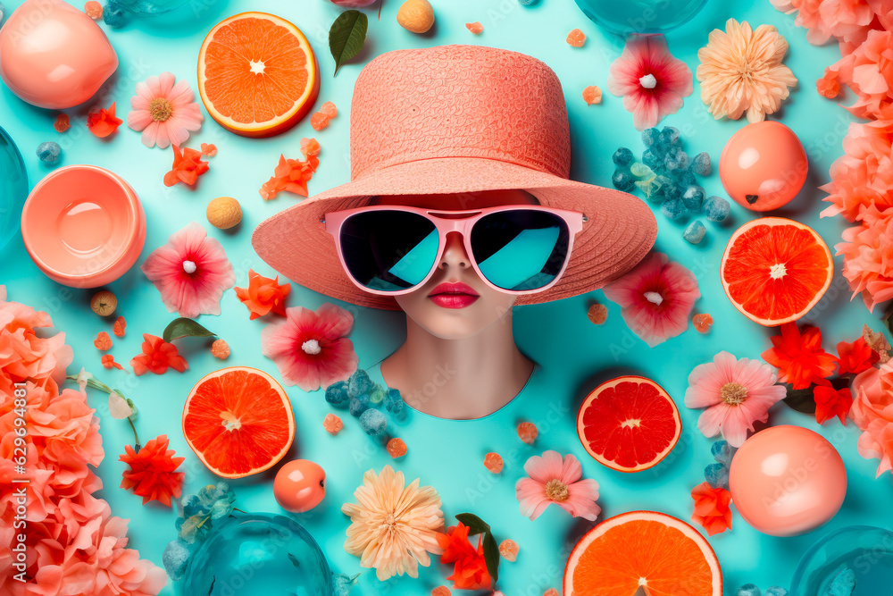 Wall mural female head in hat and glasses peeks out through blue background surrounded by flowers and fruits.