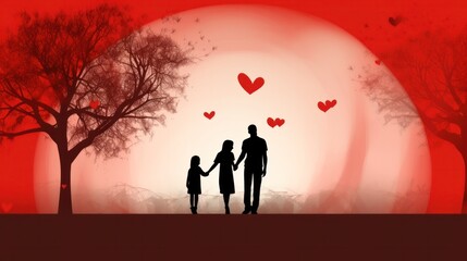 background silhouettes of a happy family on the background of a big heart. banner, poster. concept of family and care for each other. 