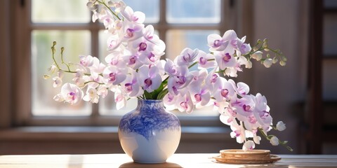 Bouquet of beautiful orchids. Flowers in a vase daylight. Generative AI