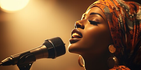 Beautiful young African American woman singing in a club, profile portrait. African woman sings karaoke. - obrazy, fototapety, plakaty