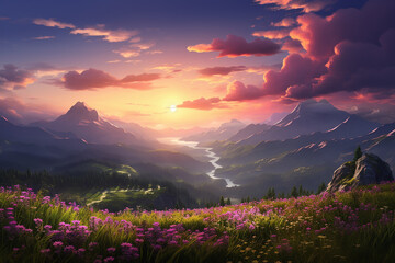 beautiful cinematic landscape illustration trees clouds sunset waterfalls forest birds sun