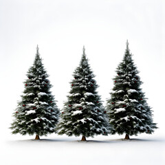 Three Christmas trees in snow, isolated on white background, Generative AI