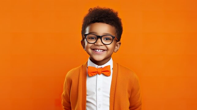 Portrait of a nerdy kid ready to go back to school isolated on a orange background. ai generative