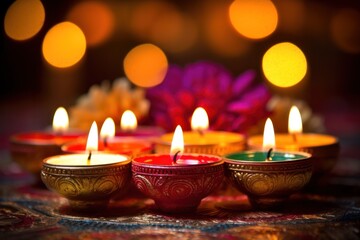 Happy Diwali, Diya lamps are lit during Diwali celebrations, a traditional rangoli design is created. Generative AI. 