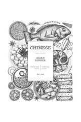 Chinese Cuisine Design Template. Vector Hand Drawn Asian Food Banner. Vintage Style Menu Illustration.