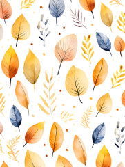 Seamless watercolor autumn leaves on white background, ai generated