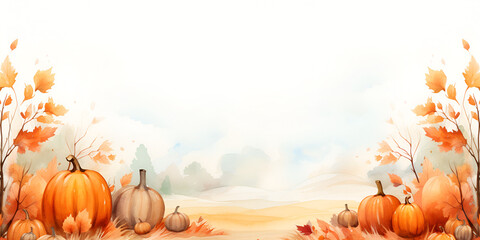 Naklejka na ściany i meble Aquarelle card background illustration with autumn pumpkins, ai generated