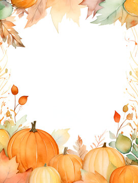 Aquarelle frame illustration with autumn leaves and pumpkins with copy space inside, ai generated