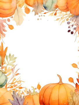 Aquarelle frame illustration with autumn leaves and pumpkins with copy space inside, ai generated