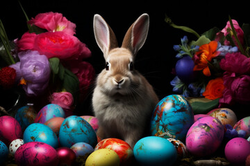 Fototapeta na wymiar Bunny with Easter eggs. Generative AI