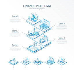 3d line isometric finance platform infographic template. Bank data analysis, presentation layout. 5 option steps, process parts, growth concept. Business people team. Analytics, fintech, money icon - 629696623