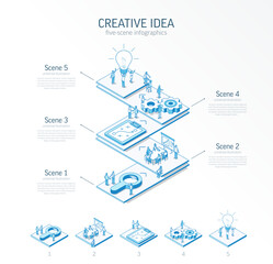3d line isometric innovative creative idea infographic template. Startup, teamwork presentation layout. 5 option steps, process parts, growth concept. Business people team. Bulb, grow up, plan icon - 629696659