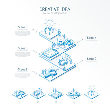 3d line isometric innovative creative idea infographic template. Startup, teamwork presentation layout. 5 option steps, process parts, growth concept. Business people team. Bulb, grow up, plan icon