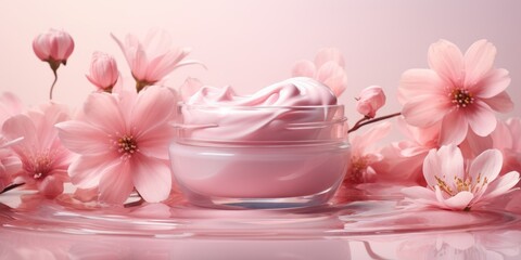 Fototapeta na wymiar A jar of cream on a pink floral background. Place for a logo. Generative AI