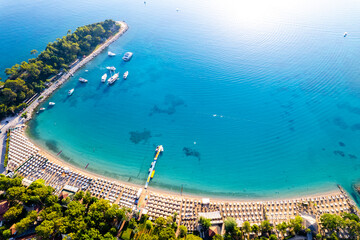 Naklejka premium Kemer, Antalya, Turkey. Aerial view of Moonlight Beach in Kemer. Beautiful turquoise colors of Mediterranean sea. Drone shot.