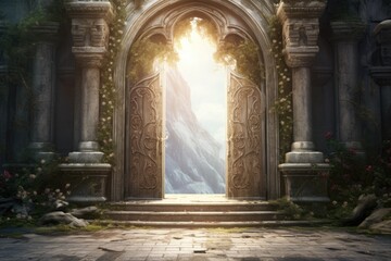 A large open door in a dark castle, with a mysterious forest beyond.