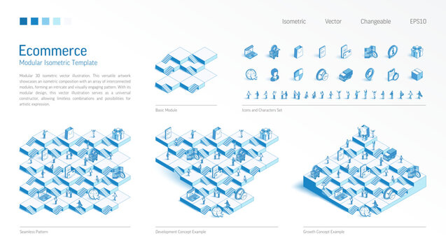 Ecommerce, Online Shop, Customer Journey Modular Isometric Constructor. Seamless Pattern Base, Line Icon, Character Set. Develop, Growth Up Stairs, Teamwork Concept. Market Platform Business Infograph