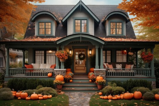 Cute And Cozy Cottage With Fall Decorations, Pumpkins On The Front Porch.