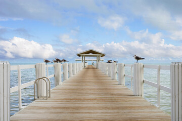 dock with white columns at the ocean