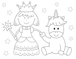 cute princess and unicorn coloring page. you can print it on 8.5x11 inch paper © BaMic illustrations