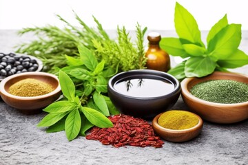 Collection of herbal plants, teas and natural remedies. Assortment of herbs and spices. Food and cuisine ingredients. Various homeopathy related images in a collage.