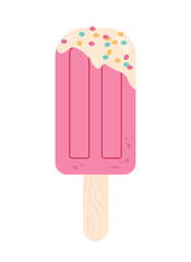 Dessert ice cream sticker concept. Wooden stick with fruit delicacy and sprinkles, gourmet. Graphic element for website. Cartoon flat vector illustration isolated on white background