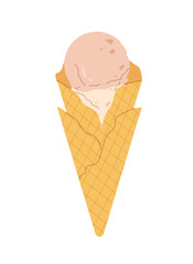 Dessert ice cream sticker concept. Waffer cone with vanilla frozen delicacy at hot weather and summer season. Poster or banner. Cartoon flat vector illustration isolated on white background