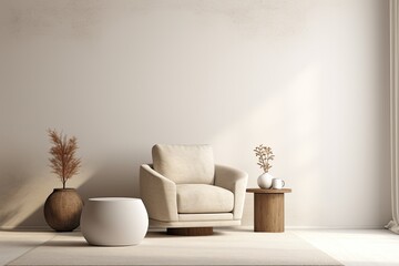 Template for a minimalist and sophisticated living room space, comprising a white boucle armchair, a carpet, a coffee table, decorative items, a vase with dried flowers, a pouf, and personalized