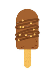 Dessert ice cream sticker concept. Frozen chocolate on wooden stick. Delicacy for hot weather and summer day. Poster or banner. Cartoon flat vector illustration isolated on white background
